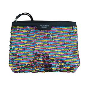 Victoria’s Secret Black Flip Rainbow Colorful Sequin Cosmetic Makeup Pou…